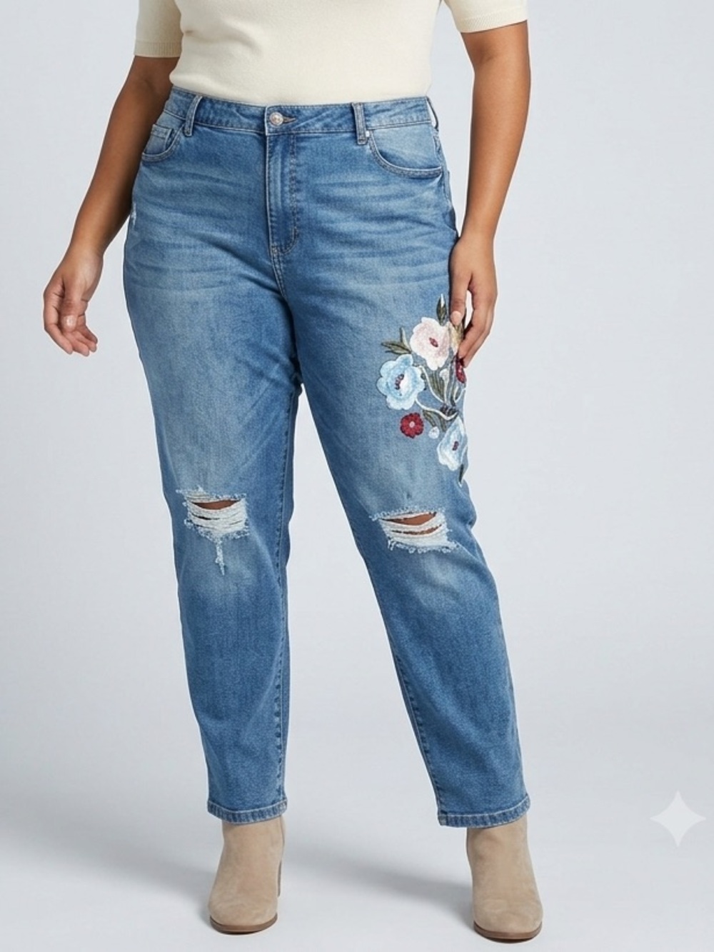 Plus Floral Embroidered Ankle Jeans - Light Blue